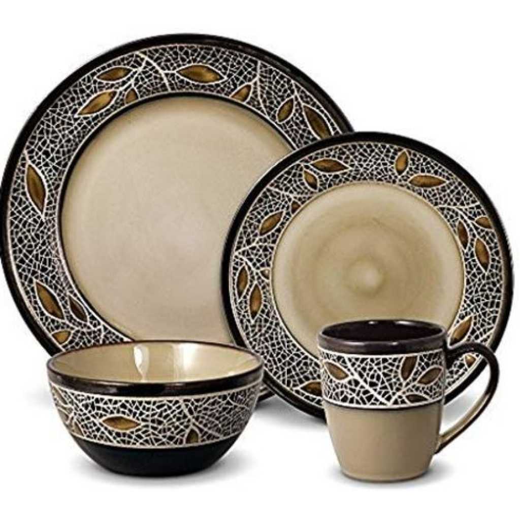 16 Piece Leaf Design Plates, Cups, Bowls Dinner Set - Cream