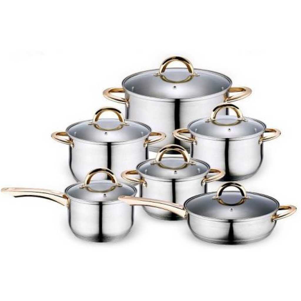 12 Pc Stainless Steel Pots And Frying pan Saucepans Cookware, Silver, Gold Cooking Pans TilyExpress