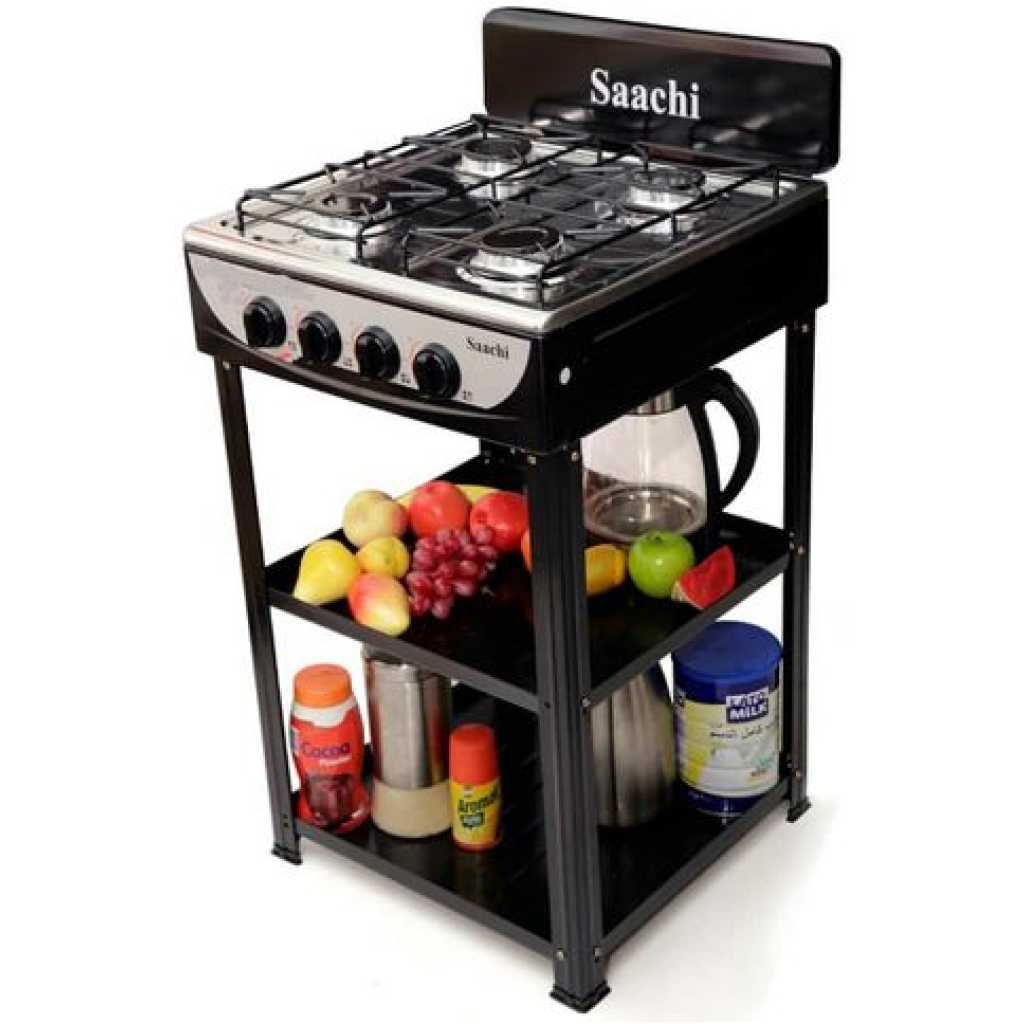 Saachi NL-GAS-5256 4 Burner Gas Stove Cooker with 2 Shelves Stands, Black