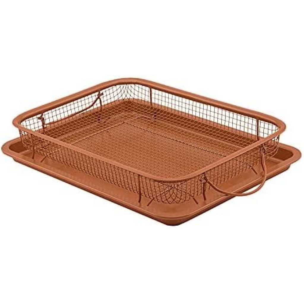 2-Pc Nonstick Oven Air Fryer Crisp Baking Pan/Tray & Mesh Basket Set, Copper