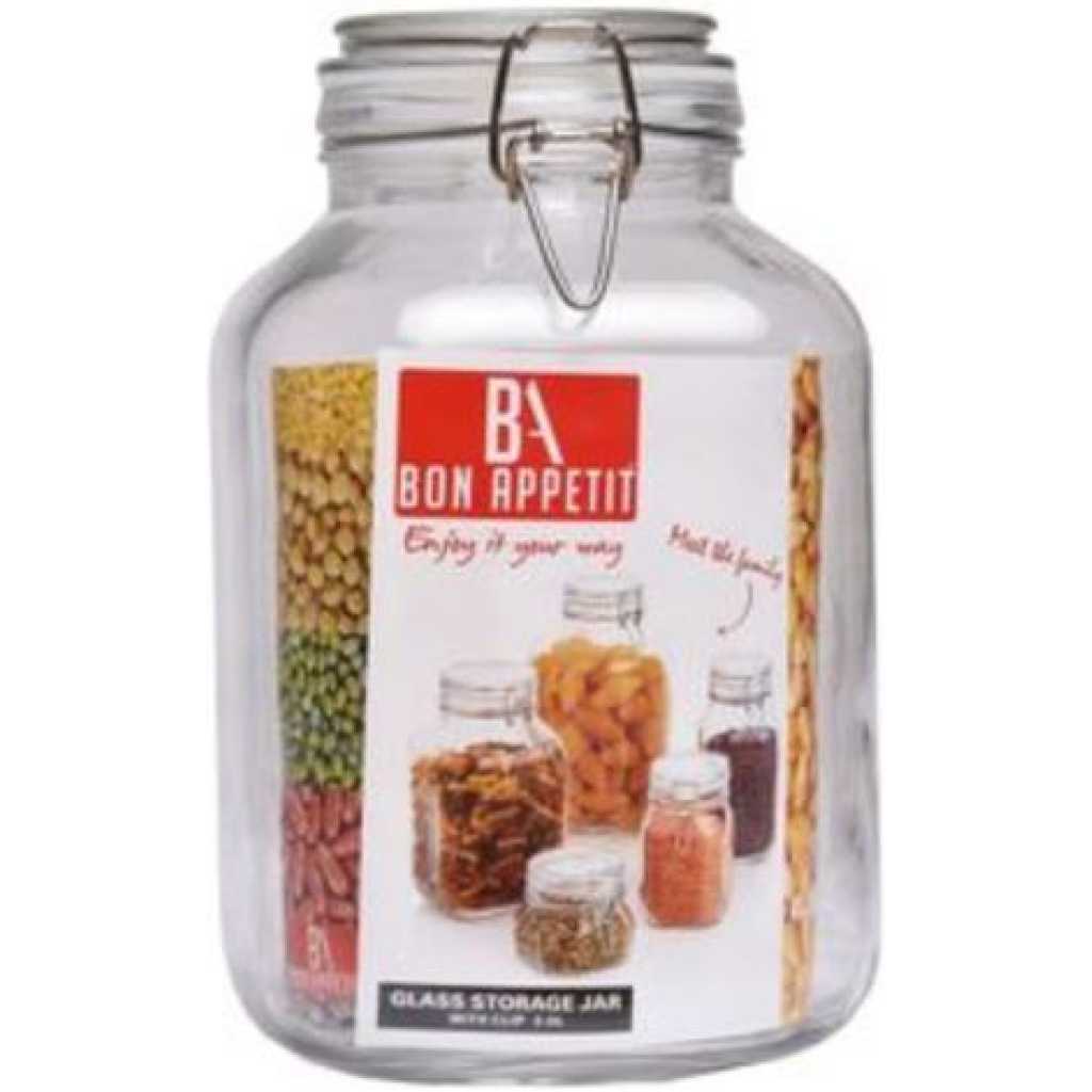 2Litre Glass Clip Jar, Cereal Food Cookie Storage Tin, Colourless