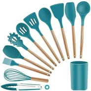 12 Piece Silicone Kitchen Tool Cooking Utensils Serving Spoons Set,Green