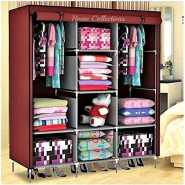 3 Column Cloth & Wooden Wardrobe - Maroon, Not Assembled