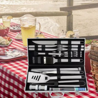 26Pc Barbecue Tools Grilling Utensil Accessories Outdoor Cooking Kit, Silver.