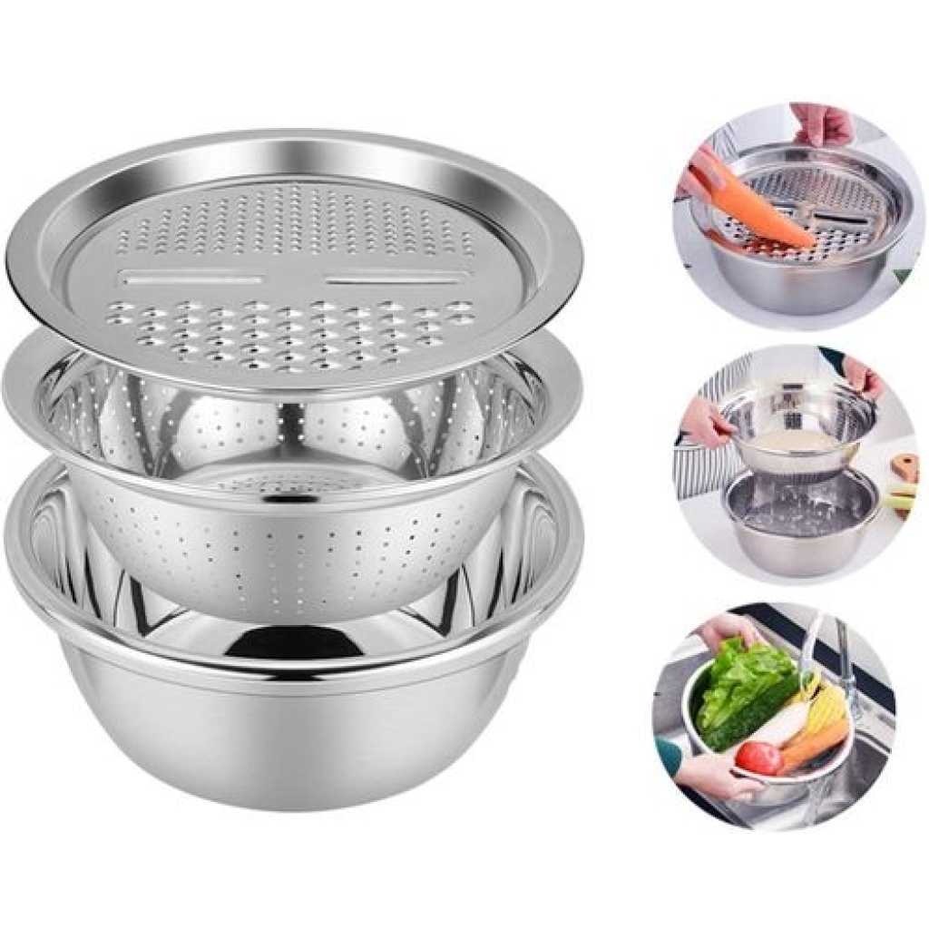 3 In1 Colander Basin, Grater Strainer & Rice Drain Basket Salad mixing Bowl, Silver