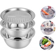 3 In1 Colander Basin, Grater Strainer & Rice Drain Basket Salad mixing Bowl, Silver Colanders & Food Strainers