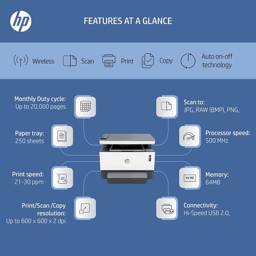HP Neverstop 1200wPrinter, Print, Copy, Scan, WiFi Laser Printer, Mess Free Reloading, Save Upto 80% on Genuine Toner, 5X Print Yield