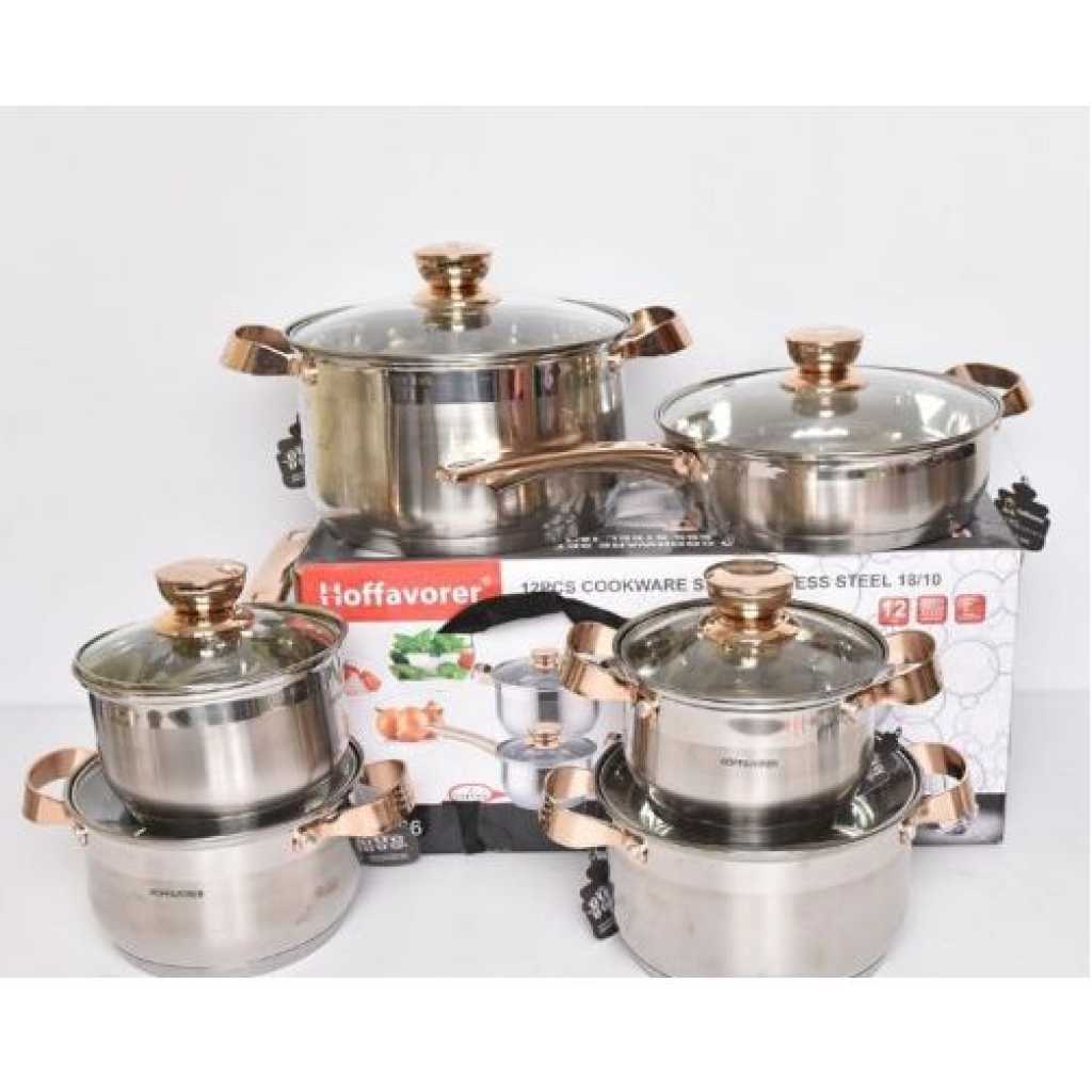 Kaisa Villa 12 Pc Stainless Steel Cookware Pots And Frying pan Saucepans, Silver