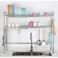 2 Tier Over The Sink Dish Drying Rack Nonslip Height Adjustable (Double Sink) Drainer, Silver