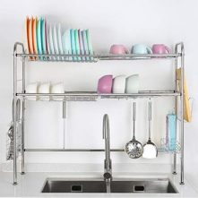 2 Tier Over The Sink Dish Drying Rack Nonslip Height Adjustable (Double Sink) Drainer, Silver