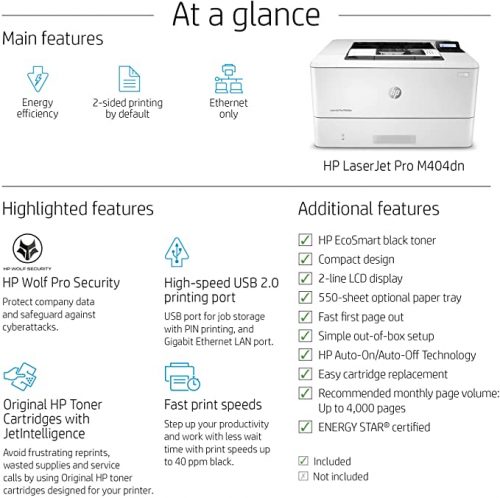 HP - Laserjet Pro M404dn Printer - Monochrome Laser Printer with Integrated Ethernet and Duplex Printing, Black, One Size