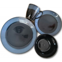 16 Piece Blue Rim Plates, Cups, Bowls Dinner Set - Black