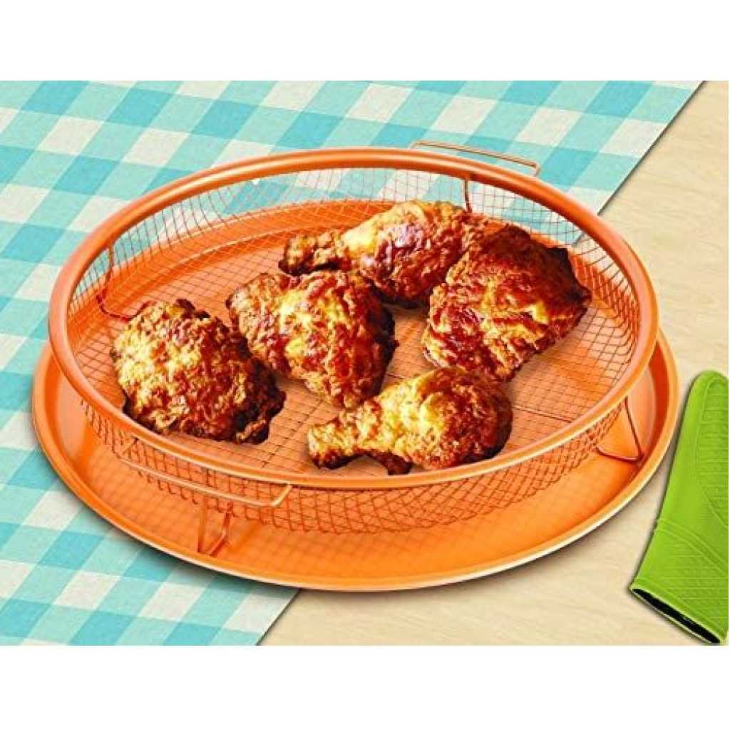 2-Pc Round Nonstick Oven Air Fryer Crisp Baking Pan/Tray & Mesh Basket, Copper