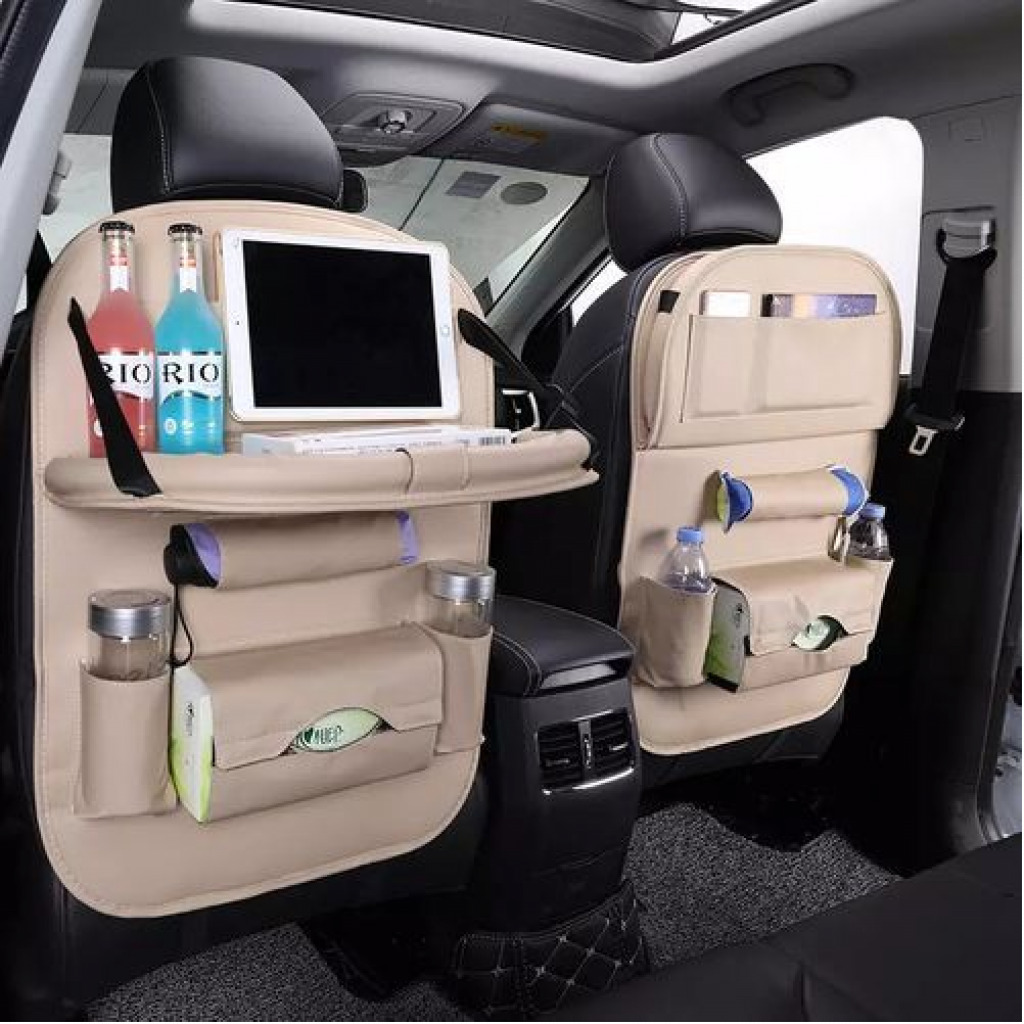 1-Pack Leather Car Backseat Organizer with Foldable Table Tray, Babies Toys Storage Holder, Cream Door & Seat Back Organizers TilyExpress