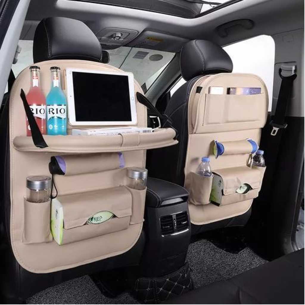 1-Pack Leather Car Backseat Organizer with Foldable Table Tray, Babies Toys Storage Holder, Cream