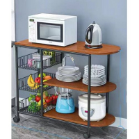 Microwave Oven Stand Storage Organizer & 3 Basket Rack Counter Trolley, Brown