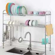 2 Tier Over The Sink Dish Drying Rack Nonslip Height Adjustable (Double Sink) Drainer, Silver