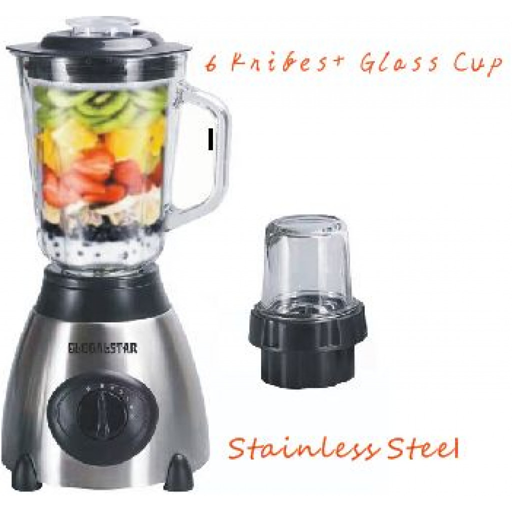 GlobalStar 2 IN 1 Glass Jar and Stainless Steel Body 6 Knifes Blender - Silver