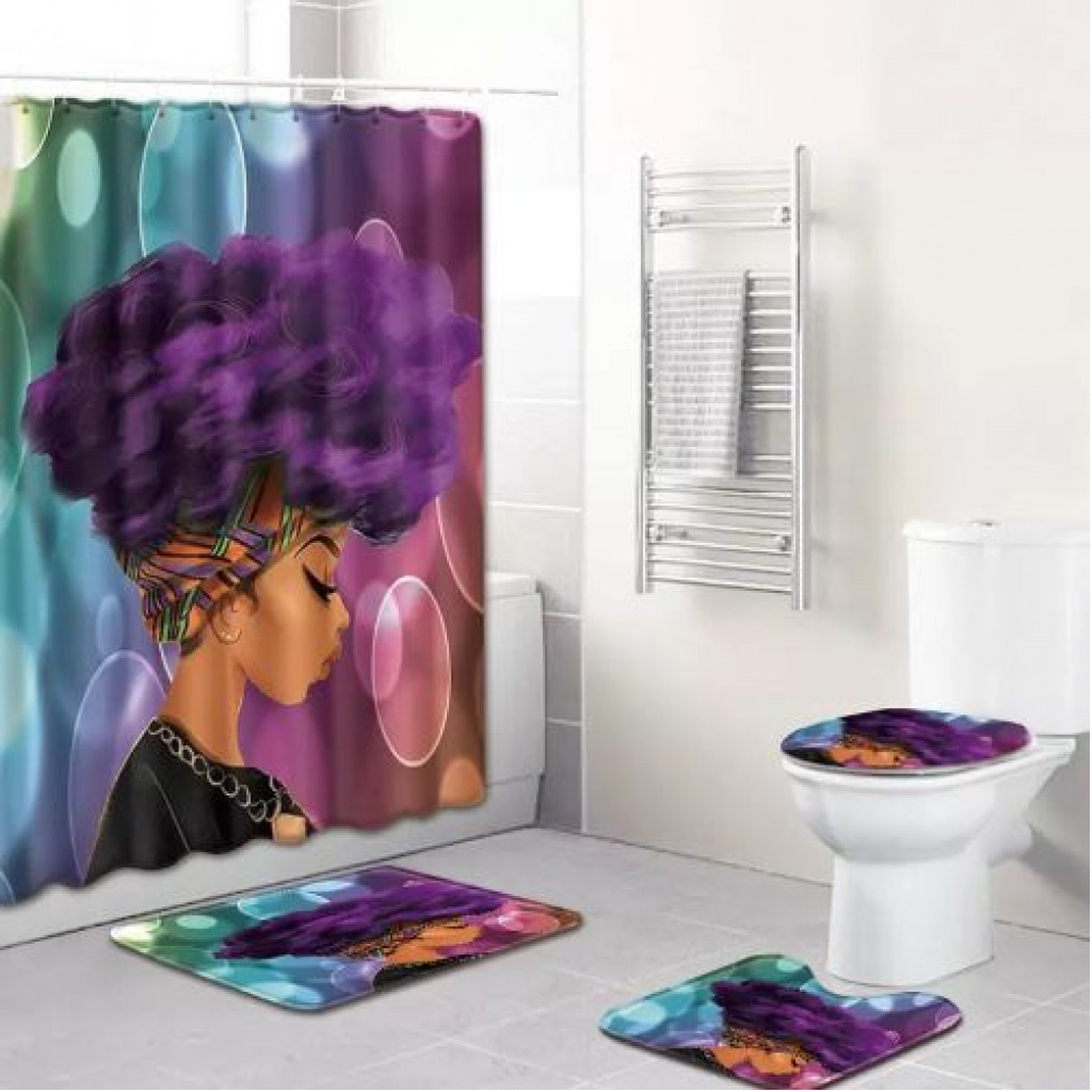 4 Piece Black Woman Waterproof Shower Curtain With Toilet Cover Mats Non-Slip Bathroom Rugs, Blue Bath Rugs TilyExpress 4