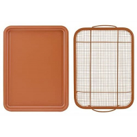 2-Pc Nonstick Oven Air Fryer Crisp Baking Pan/Tray & Mesh Basket Set, Copper