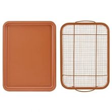 2-Pc Nonstick Oven Air Fryer Crisp Baking Pan/Tray & Mesh Basket Set, Copper