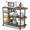 Microwave Oven Stand Storage Organizer & 3 Basket Rack Counter Trolley, Brown