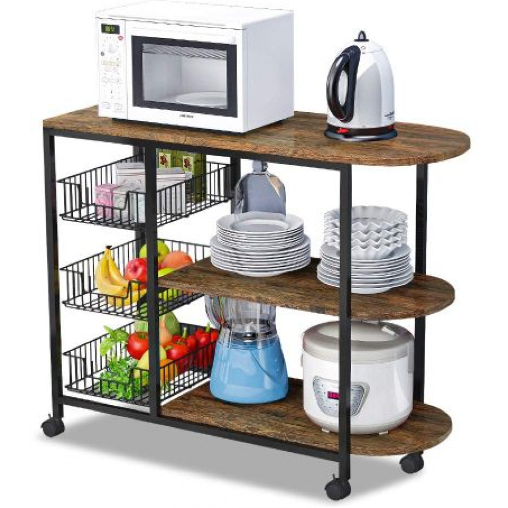 Microwave Oven Stand Storage Organizer & 3 Basket Rack Counter Trolley, Brown Kitchen Storage & Organization TilyExpress