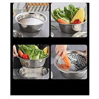 3 In1 Colander Basin, Grater Strainer & Rice Drain Basket Salad mixing Bowl, Silver