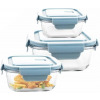 3 Piece Food Safe Microwave Oven Safe Glass Bowls Fridge Containers -Blue