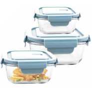 3 Piece Food Safe Microwave Oven Safe Glass Bowls Fridge Containers -Blue