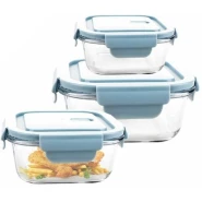 3 Piece Food Safe Microwave Oven Safe Glass Bowls Fridge Containers -Blue