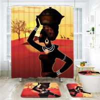 4 Piece African Girl Waterproof Shower Curtain With Toilet Cover Mats Non-Slip Bathroom Rugs, Yellow