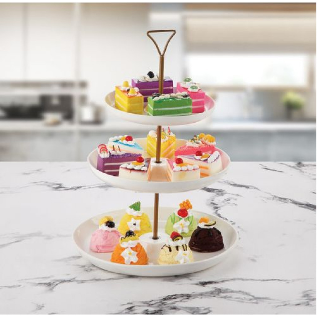 3 Tier Porcelain Round Cake Plate with Gold Stand, White Baking Tools & Accessories TilyExpress