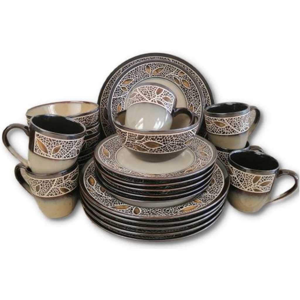 16 Piece Leaf Design Plates, Cups, Bowls Dinner Set - Cream