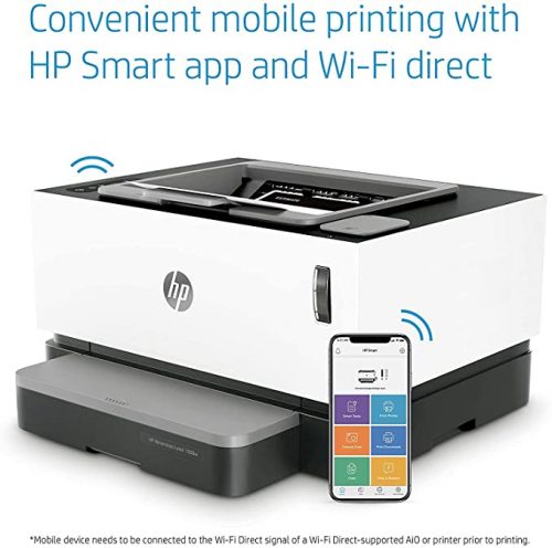 HP Neverstop 1000w Printer, WiFi Enabled Monochrome Laser Printer, 80% Savings on Genuine Cartridge, Self Reloadable with 5X Inbox Yield, Smart Tasks with HP Smart App, Low Emission & Clean Air Quality - White