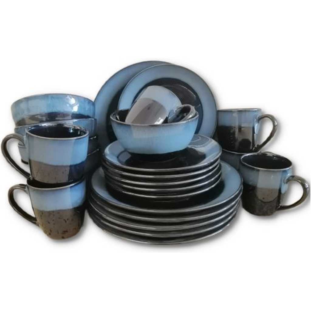 24pcs Of Blue Rim Plates, Bowls, Cups Dinner Set - Black