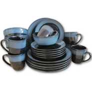 16 Piece Blue Rim Plates, Cups, Bowls Dinner Set - Black