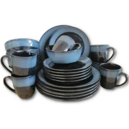 16 Piece Blue Rim Plates, Cups, Bowls Dinner Set - Black