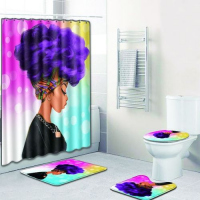 4 Piece Black Woman Waterproof Shower Curtain With Toilet Cover Mats Non-Slip Bathroom Rugs, Blue