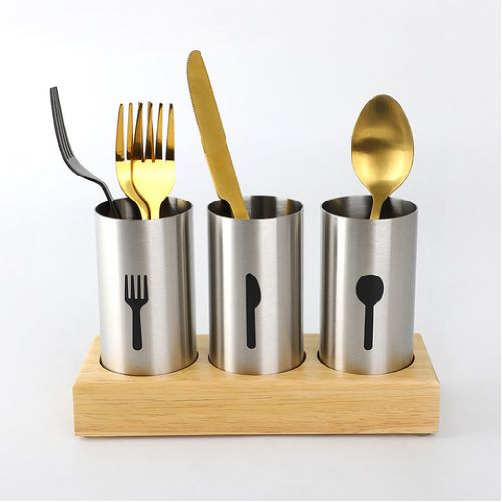 3- Pc Kitchen Countertop Fork, Spoon, Knife Cutlery Organizer Holder With Wood Base, Silver Cutlery & Knife Accessories TilyExpress 6