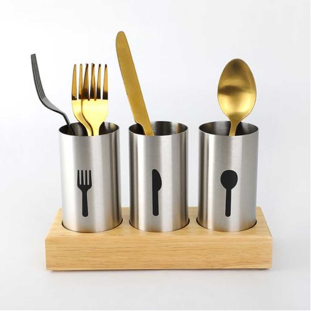 3- Pc Kitchen Countertop Fork, Spoon, Knife Cutlery Organizer Holder With Wood Base, Silver Cutlery & Knife Accessories TilyExpress