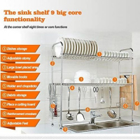 2 Tier Over The Sink Dish Drying Rack Nonslip Height Adjustable (Double Sink) Drainer, Silver