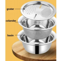 3 In1 Colander Basin, Grater Strainer & Rice Drain Basket Salad mixing Bowl, Silver