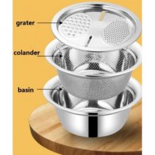 3 In1 Colander Basin, Grater Strainer & Rice Drain Basket Salad mixing Bowl, Silver