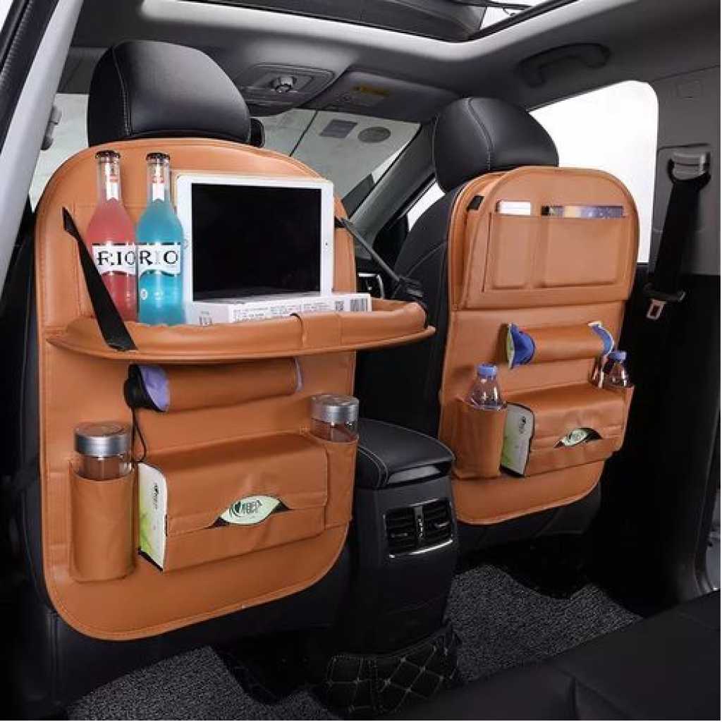 1 Piece Leather Car Backseat Organizer with Foldable Table Tray, Babies Toys Storage Holder, Brown.