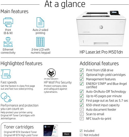 HP Monochrome LaserJet Pro M501dn Printer with HP JetAdvantage Security Printer -White