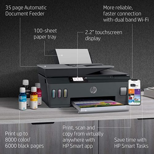 HP Smart Tank 530 Dual Band WiFi Colour Printer with ADF, Scanner and Copier for Home/Office, High Capacity Tank (18000 Black and 8000 Colour) with Automatic Ink Sensor, 35 Sheet ADF - Black