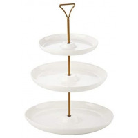 3 Tier Porcelain Round Cake Plate with Gold Stand, White