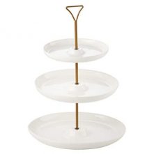 3 Tier Porcelain Round Cake Plate with Gold Stand, White