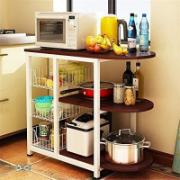 Microwave Oven Stand Storage Organizer & 3 Basket Rack Counter Trolley, Brown